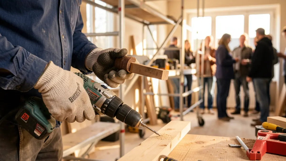 Mains tenant une perceuse et du bois, avec des échafaudages et des outils en arrière-plan.