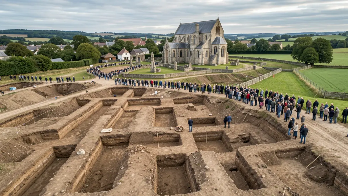 Aerial view of an archaeological excavation site with trenches and abbey ruins.
