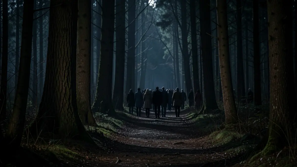Chemin forestier sombre la nuit, éclairé par la faible lune filtrant à travers les arbres. Ambiance mystérieuse sans lumières artificielles ni personnes.