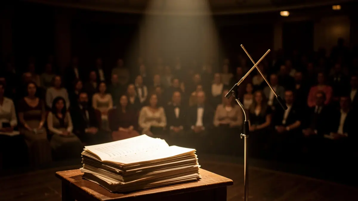 Generic image of an opera stage with sheet music and a conductor's baton.