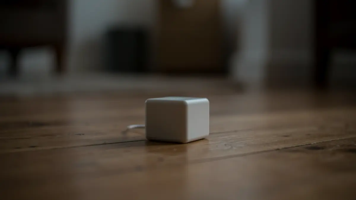 Boîte de détection de radon posée sur un plancher en bois dans une pièce faiblement éclairée.