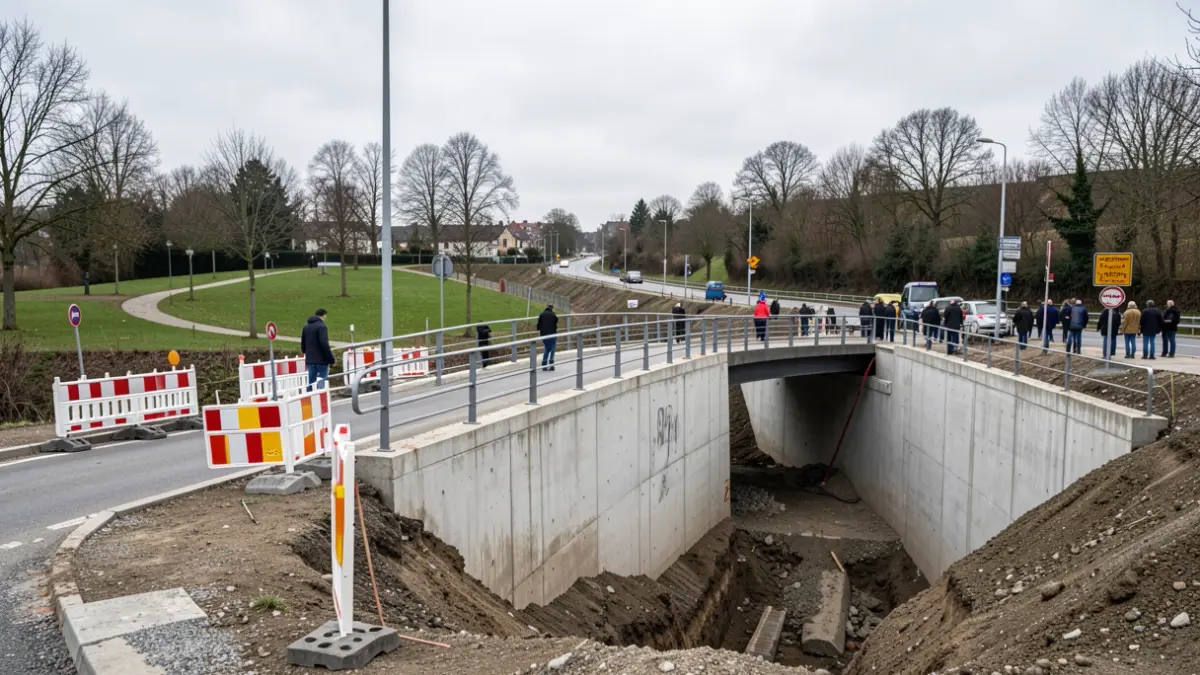 Construction site for the future pedestrian bridge between Fonds des Cris and Parc Hauster in Chaudfontaine, with traffic diversions.