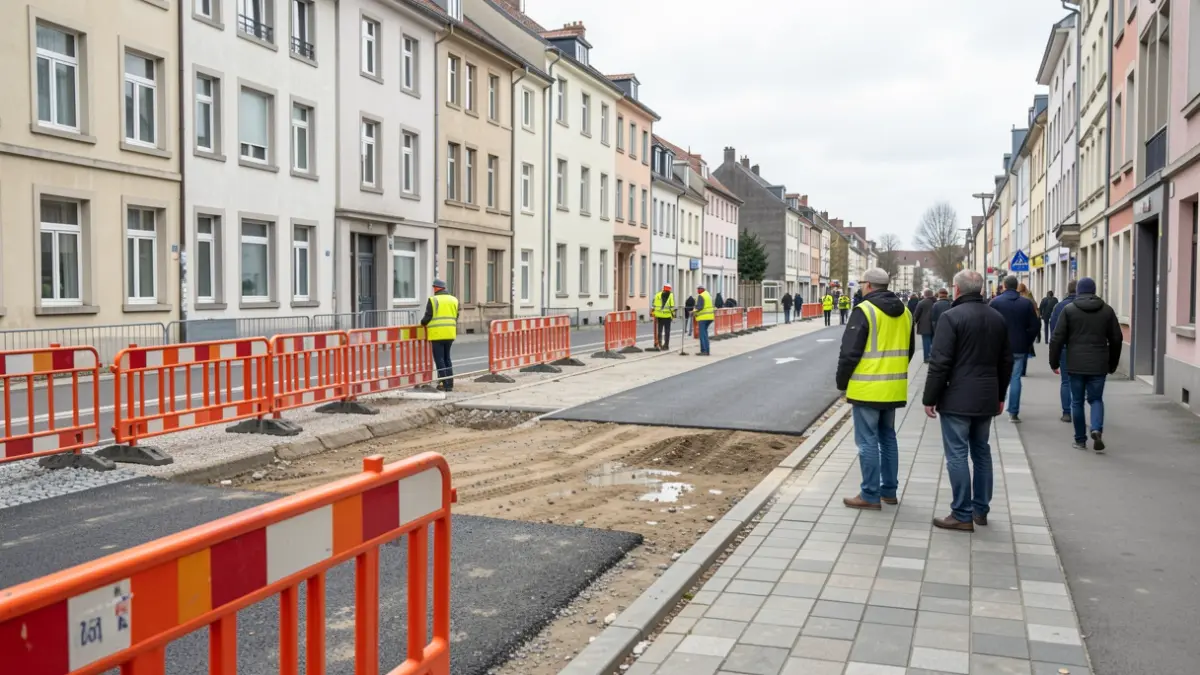 Roadworks underway on Voie de Liège in Chaudfontaine, featuring safety barriers and sidewalk development.