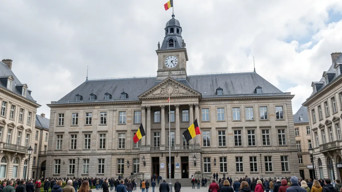 Image générique d'un hôtel de ville belge avec une tour et un drapeau, sous un ciel couvert.