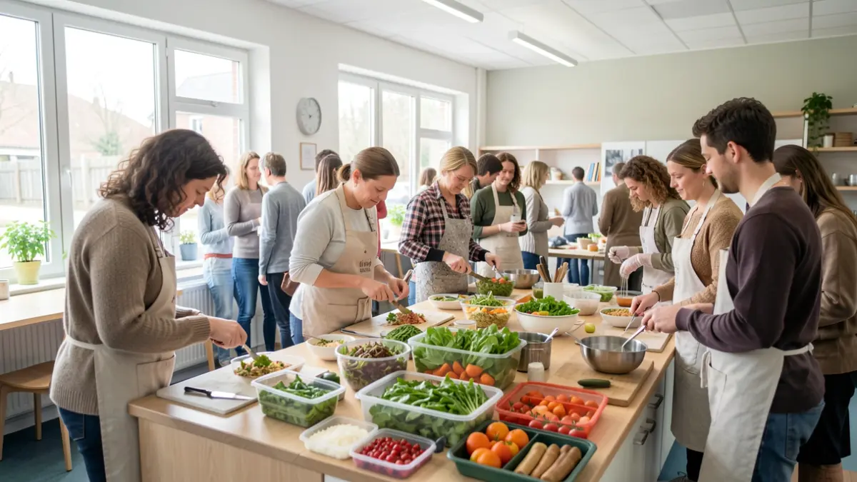 Image of a community cultural center room in Seraing, Belgium, during a 'batch cooking' conference with attentive participants.