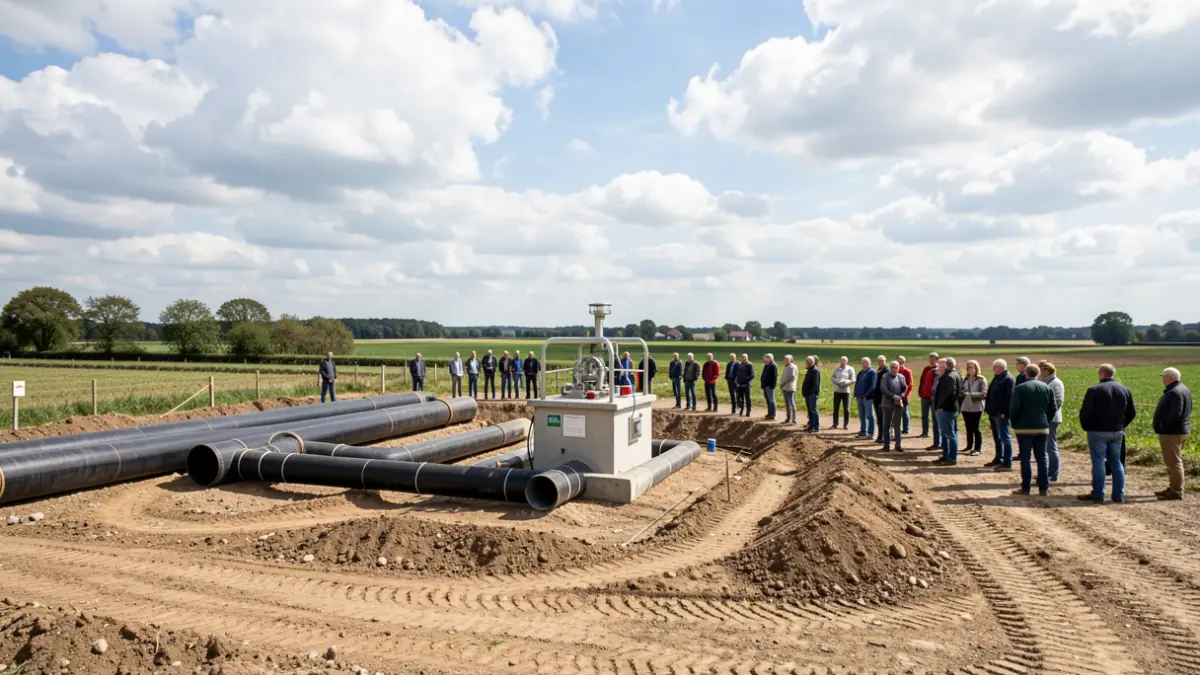 Chantier de construction d'un collecteur et d'une station de pompage à Petit-Hallet, Province de Liège.