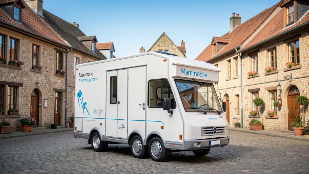 Un Mammobile, unité de dépistage du cancer du sein, stationné sur la place d'une commune belge pittoresque.