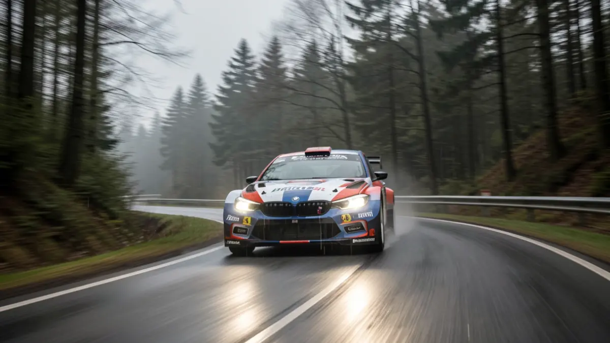 Generic image of a rally car on a wet forest road in Belgium, under overcast skies.