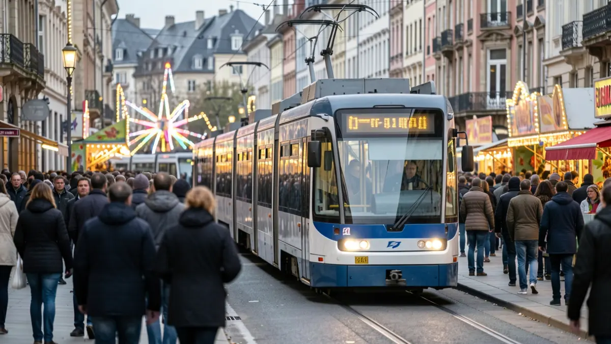 Generic image of trams circulating in Liège during the Foire d'octobre, with festive lights and blurred crowds.