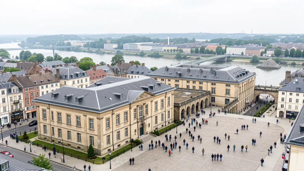 Vue panoramique du site du Val Benoît à Liège, Belgique, avec le bâtiment du Génie civil. Journée couverte, style documentaire.
