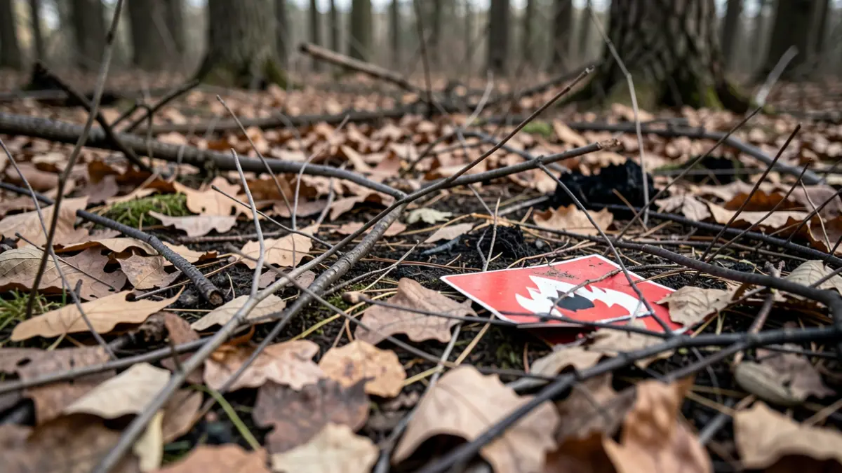 Generic image of a dry forest floor with a fire hazard warning sign.