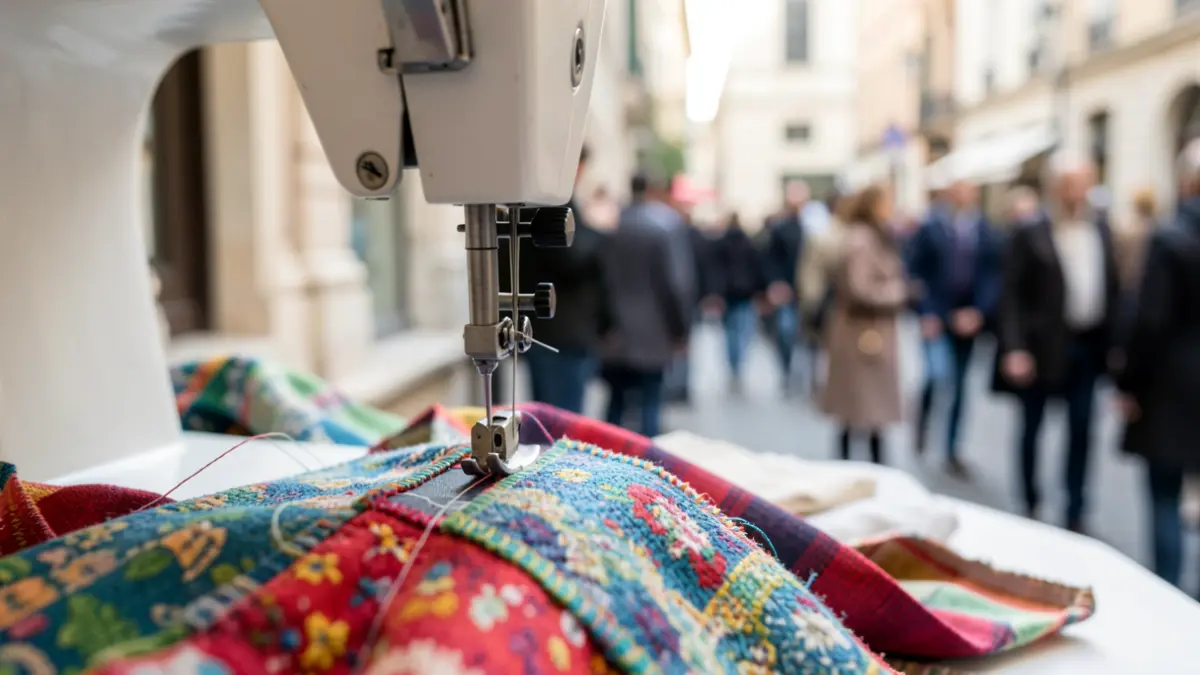 Gros plan d'une machine à coudre réparant un vêtement, symbolisant la seconde main et la réduction des déchets textiles.