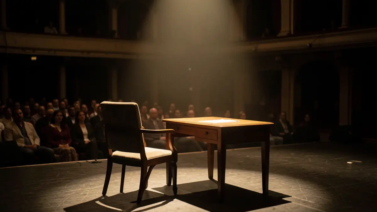 Image générique d'une scène de théâtre vide avec une chaise et un bureau face à une page blanche.