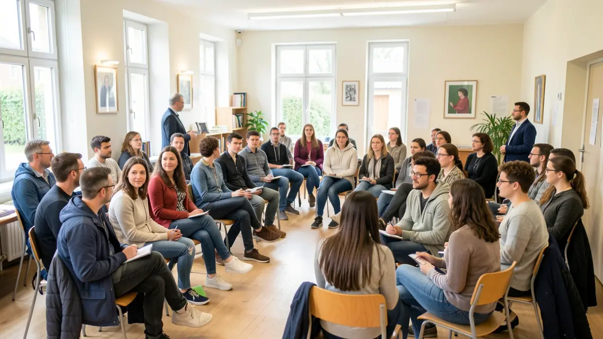 Image générique d'une séance d'information communautaire avec des participants diversifiés dans une salle lumineuse, axée sur la collaboration et la prévention.