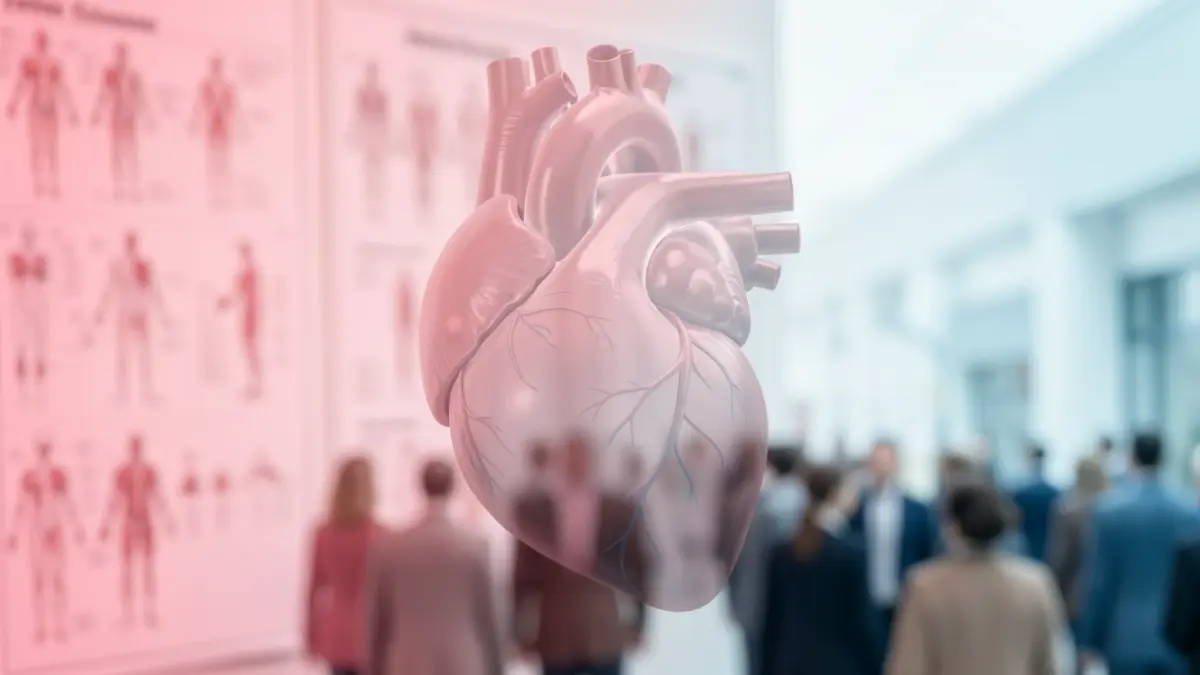Generic image of a woman's heart silhouette with subtle anatomical details on a blurred background of medical charts.