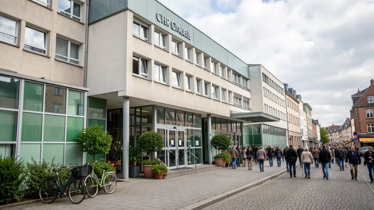 Facade of the CHR Citadelle hospital in Liège, with bicycles parked nearby.