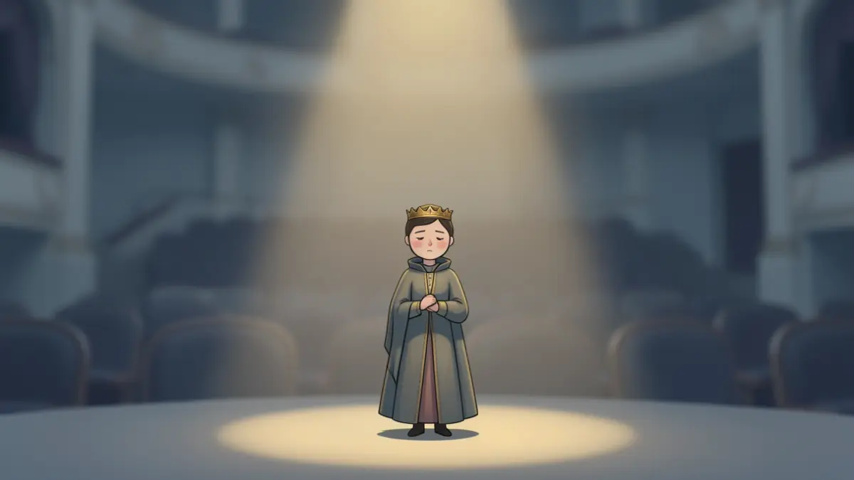 Illustration d'un petit roi sur scène, symbolisant la perte de sa voix, dans une ambiance théâtrale douce.