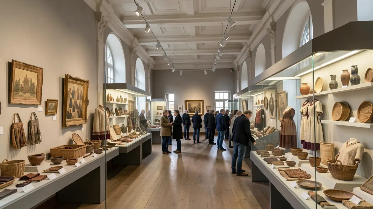 Intérieur du Musée de la Vie wallonne à Liège présentant des expositions sur le patrimoine culturel immatériel, avec un éclairage doux.