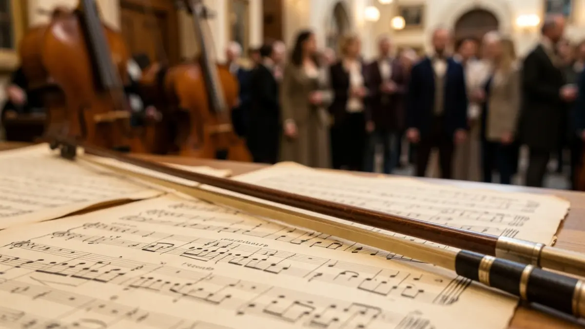 Archet de violon ancien posé sur des partitions jaunies, avec des instruments historiques flous en arrière-plan.