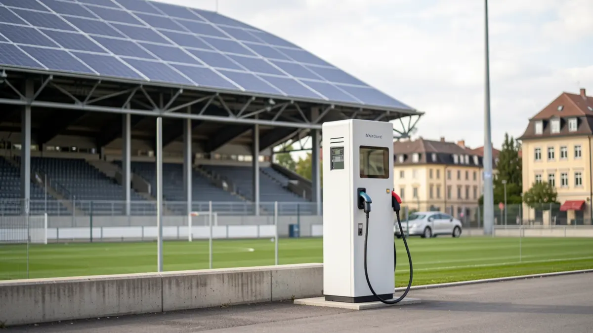 Une borne de recharge pour véhicules électriques installée à côté d'un stade sportif avec des panneaux solaires sur le toit. Lumière du jour douce, ambiance européenne.