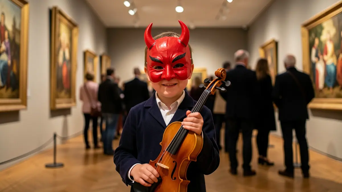 Child with a devil mask and toy violin in a Grand Curtius exhibition hall.