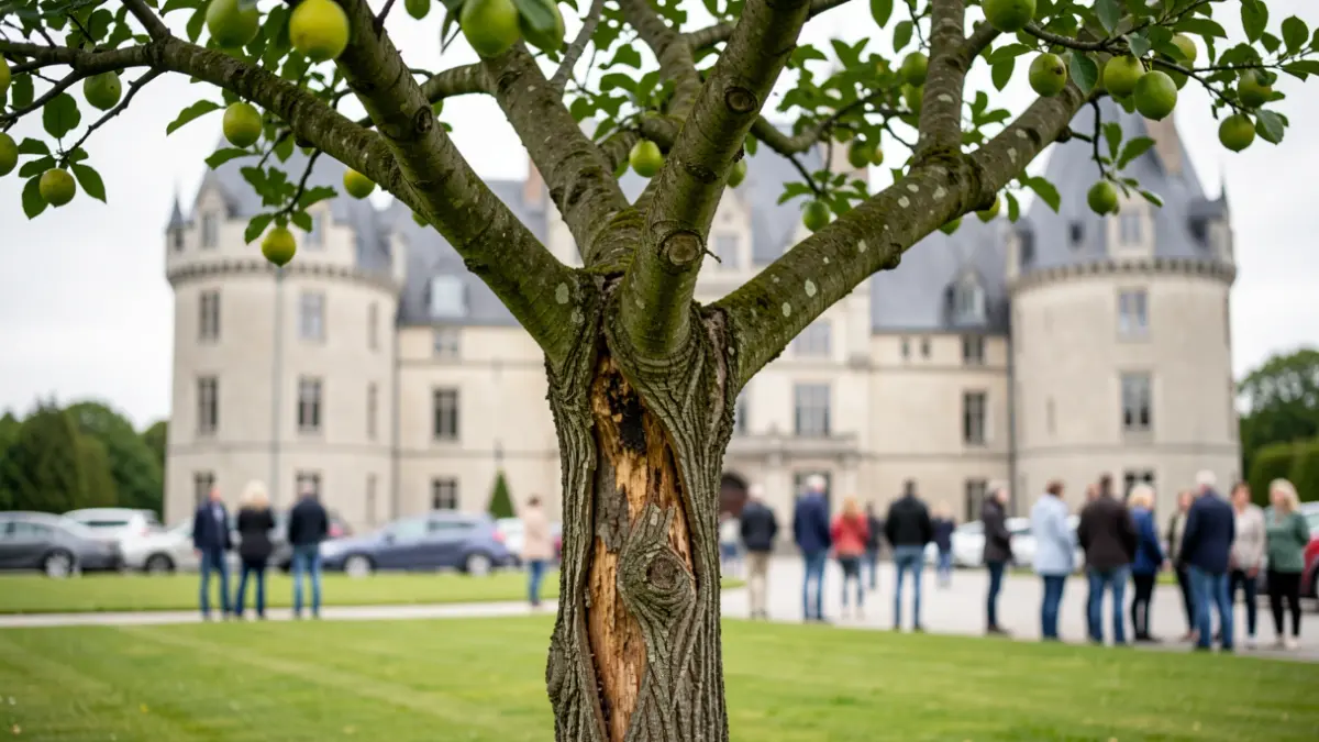 Un vieux tilleul présentant des signes de décomposition du tronc et des branches, devant le château historique de Raeren. Lumière de jour douce et couverte.