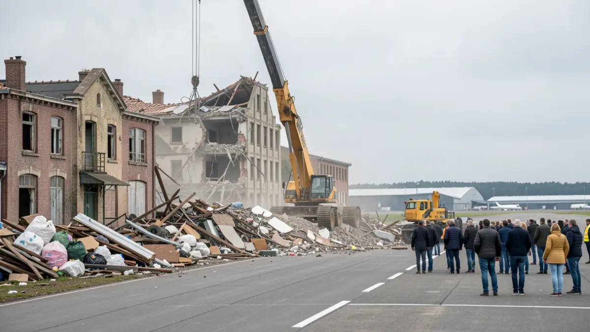 Generic image of demolition of military buildings near an airport, with cranes and debris. Emphasis on material recycling.