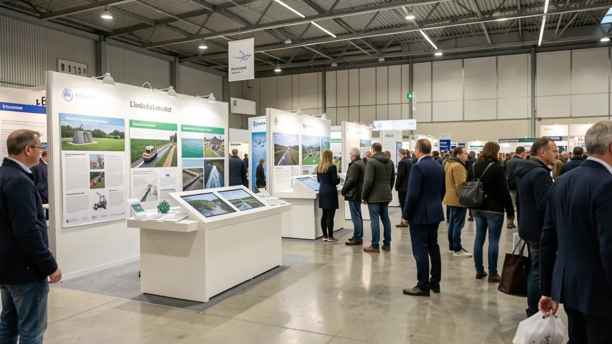 Image générique d'un salon professionnel sur la prévention des inondations à Liège, avec des stands et des affiches informatives.