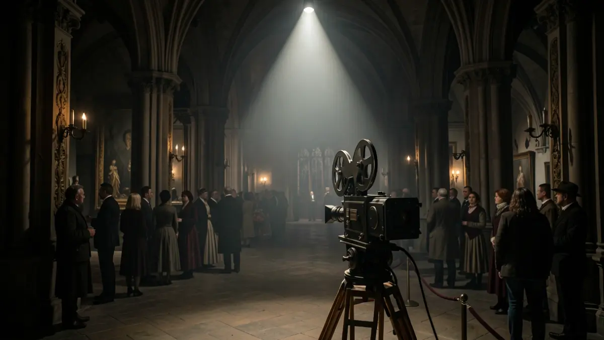 Image générique d'une salle de musée sombre et gothique avec un projecteur de cinéma ancien.