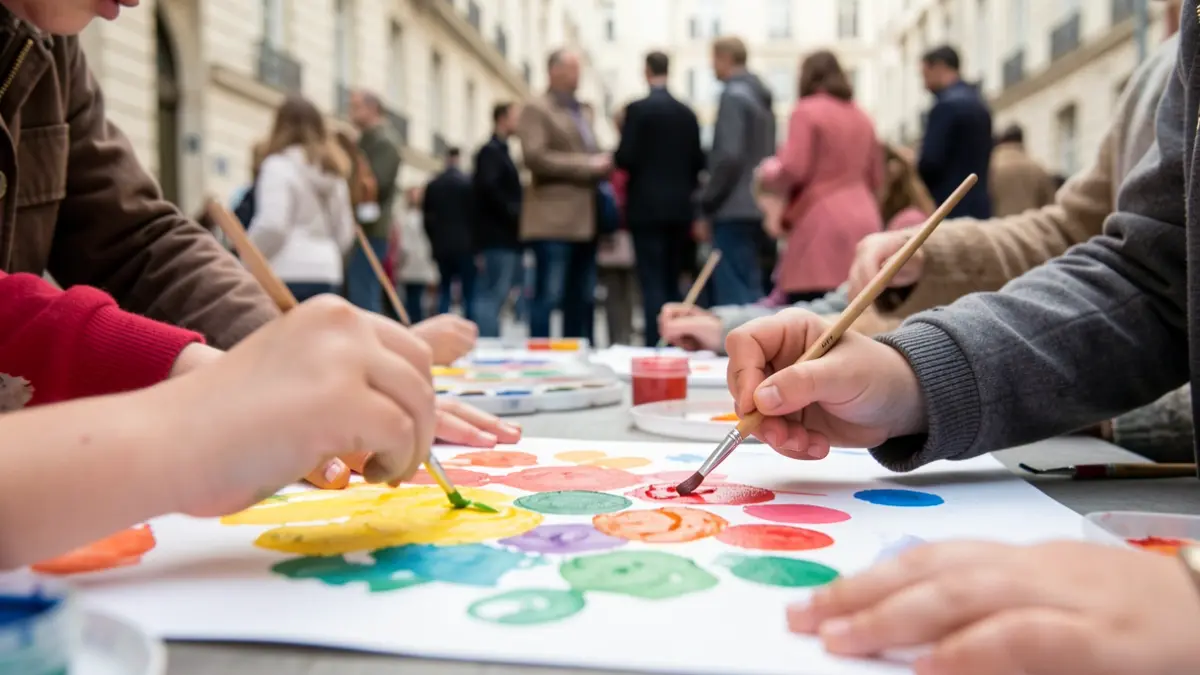 Children's hands painting with colorful watercolors on paper, creative and artistic atmosphere.