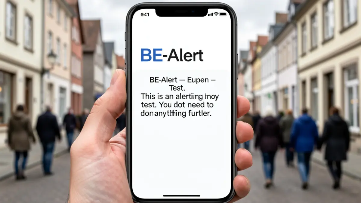 BE-Alert test notification on a smartphone, with a blurred background of a Belgian street under overcast skies.