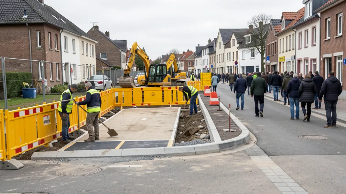 Roadworks on Rue de la Drève in Clavier, Belgium, focusing on the installation of curbs and driveway ramps.