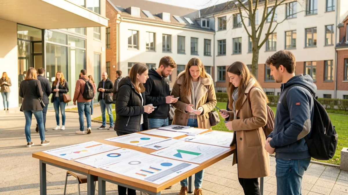 Image générique d'un campus universitaire avec des étudiants présentant des posters scientifiques.