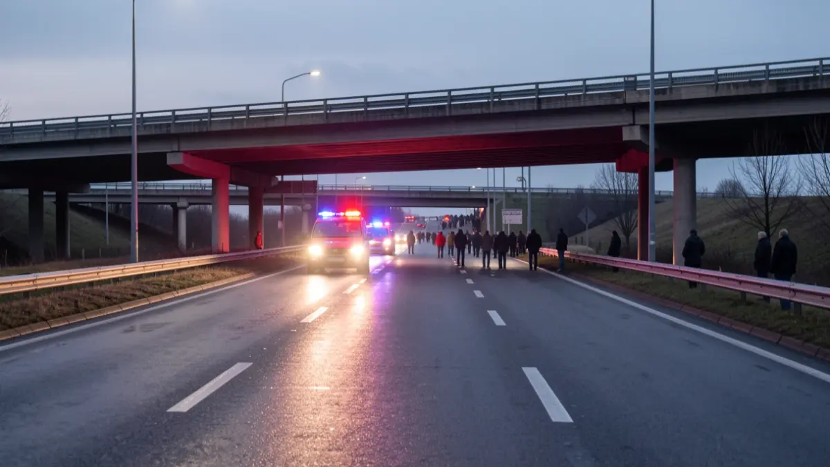 Image générique de lumières d'urgence bleues et rouges reflétant sur l'asphalte mouillé d'une autoroute en Province de Liège, sans véhicules ni personnes visibles.