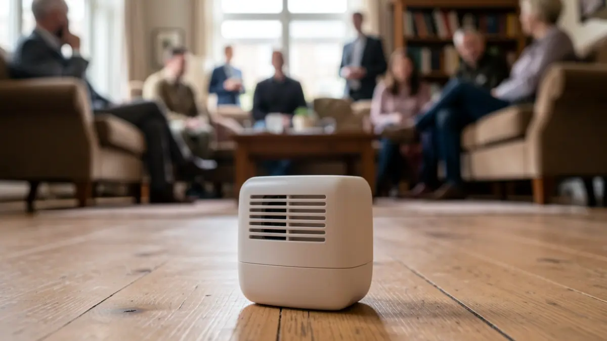 Radon detector placed in a Belgian living room, natural light.