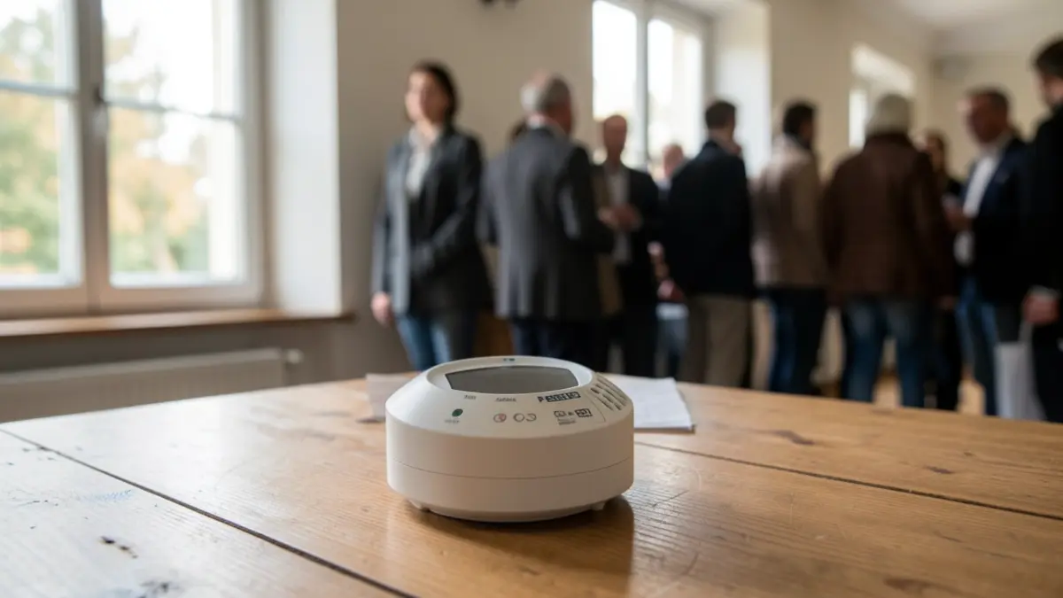 Un détecteur de radon posé sur une table en bois dans un salon, avec une lumière naturelle douce.