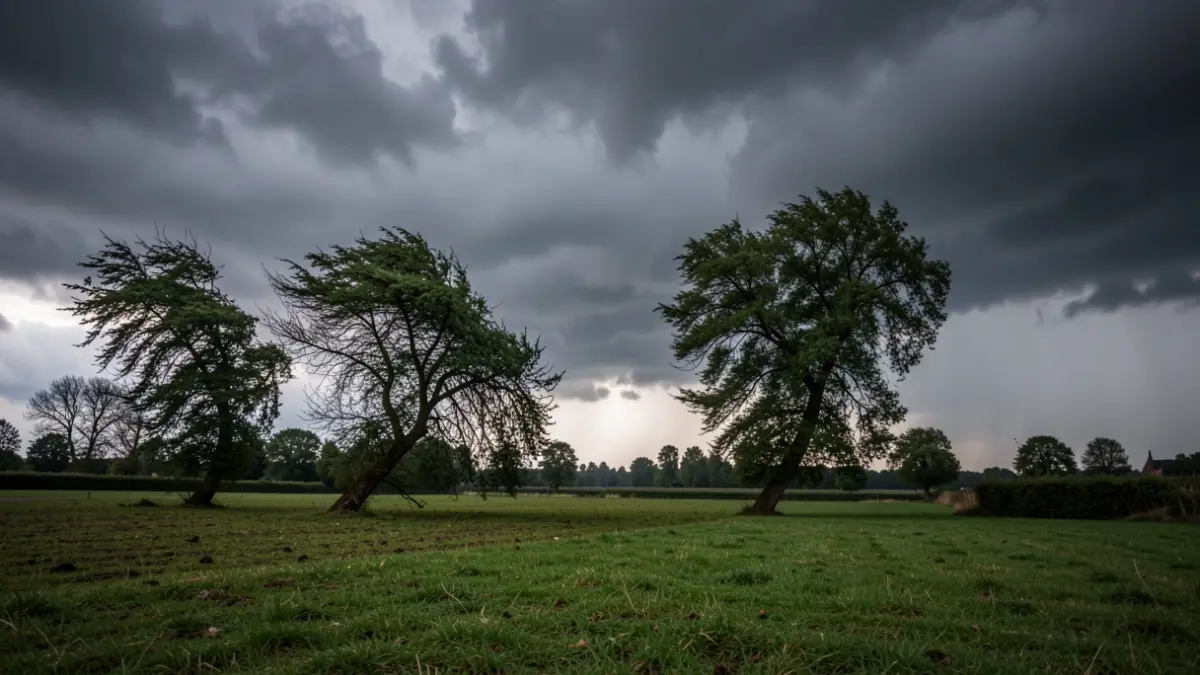 Image générique de ciel orageux avec des nuages sombres et des arbres courbés par le vent fort, reflétant un avertissement météorologique.