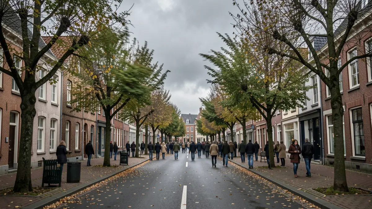 Image générique: avec des arbres dont les branches bougent et des feuilles au sol. Le ciel est couvert.