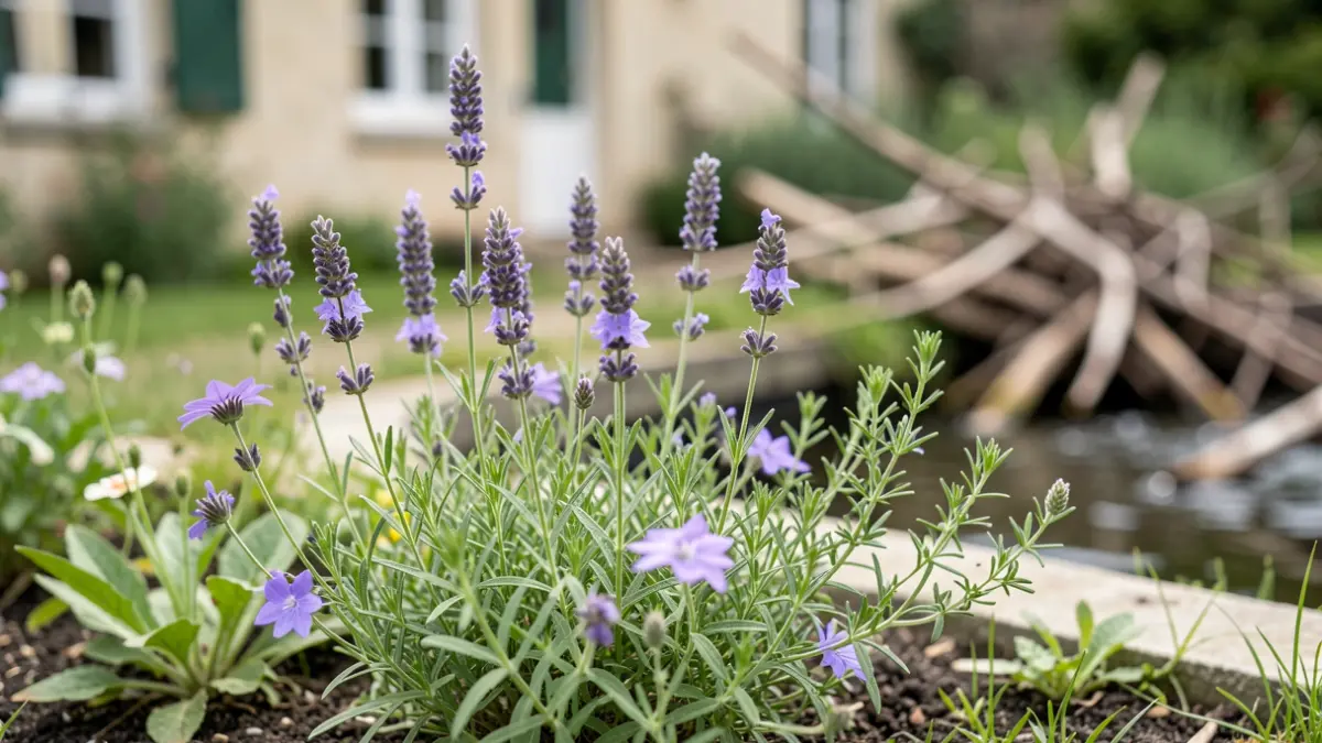 Image d'un petit jardin fleuri avec des plantes mellifères et un point d'eau pour les pollinisateurs.