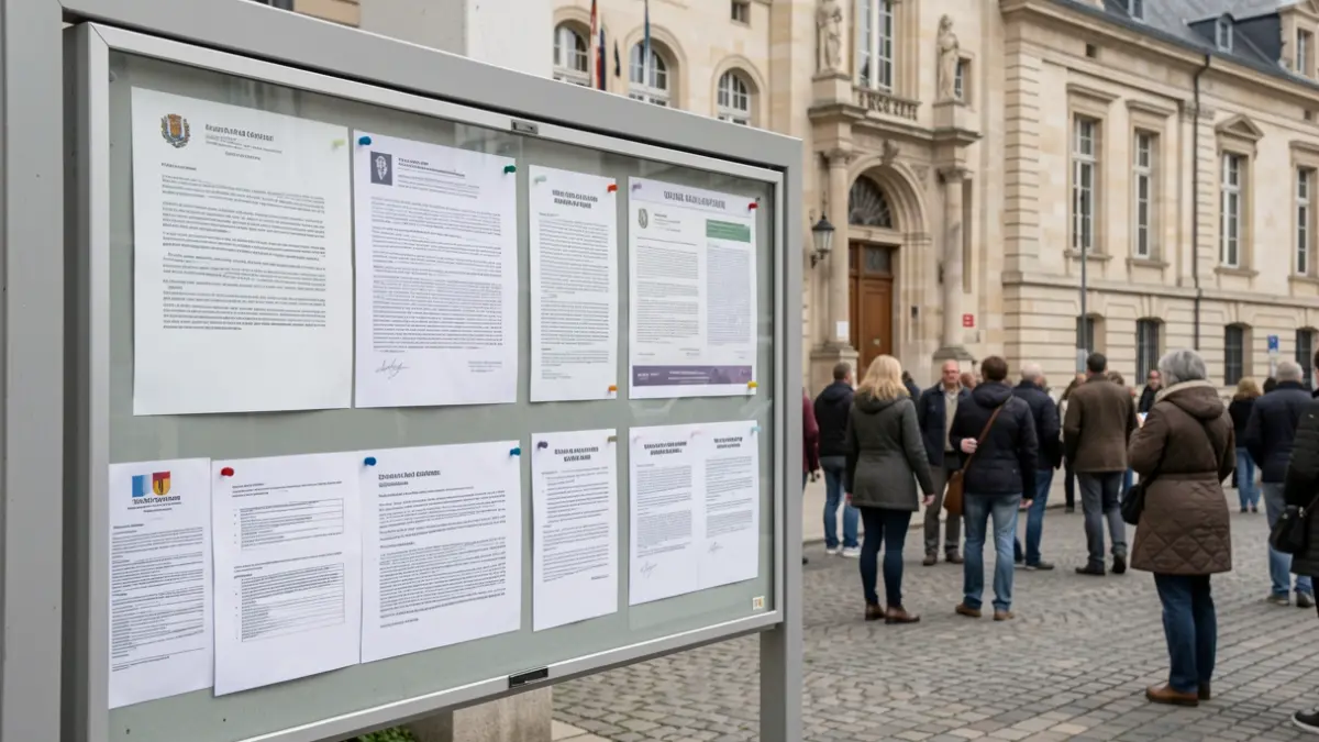 Panneau d'affichage public avec des documents officiels devant une façade de maison communale belge.