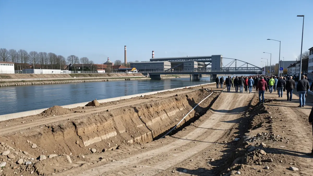 Site industriel réhabilité en bord de Meuse à Amay, avec une nouvelle rampe d'accès et un ciel bleu.