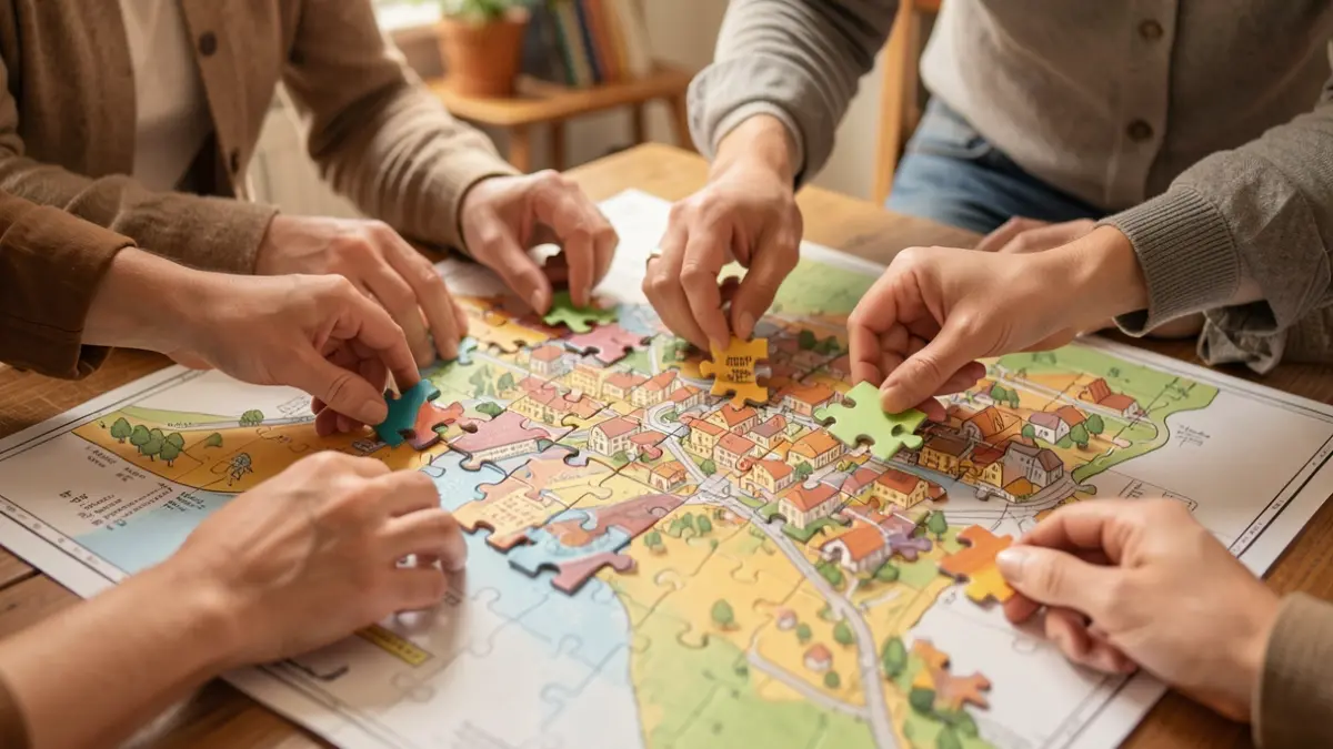 Image générique de mains assemblant un puzzle représentant une carte de commune, symbolisant la participation citoyenne et la planification urbaine.