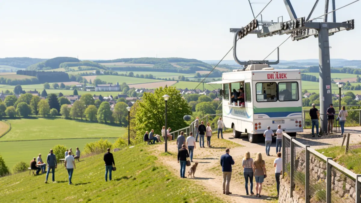 Image générique d'un food truck près de la station haute d'un téléphérique, avec un paysage en arrière-plan. Lumière du jour.