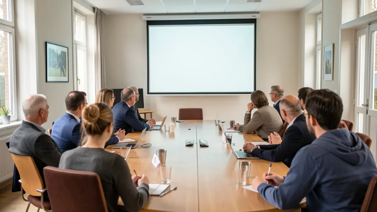Belgian community meeting room with table, chairs, and projector screen for a sports development study. Collaborative atmosphere.
