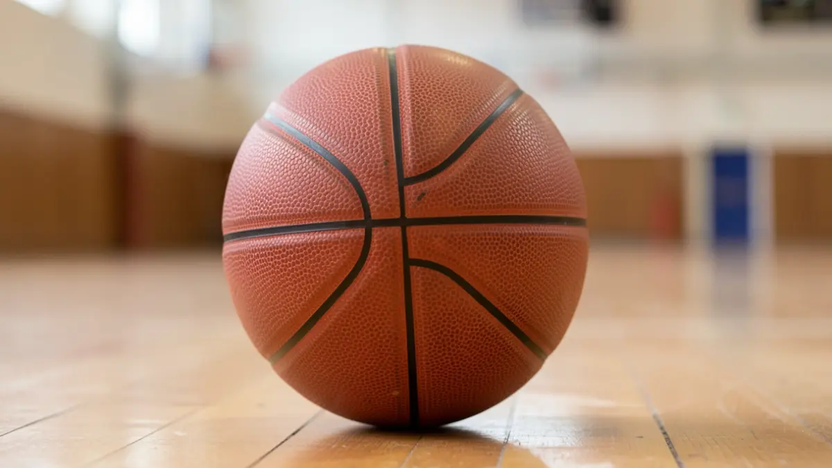 Image générique d'un ballon de basket avec un motif de nid d'abeille subtil sur un parquet.