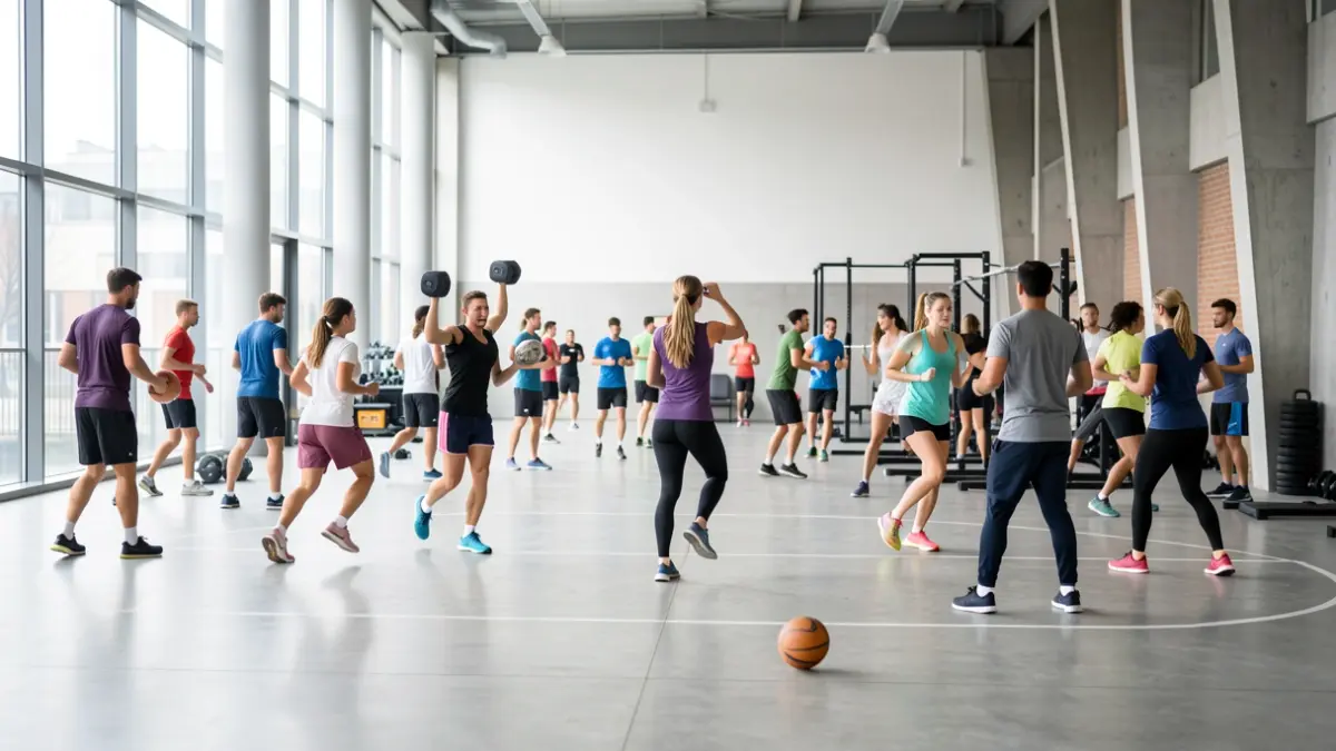 Image générique de jeunes adultes participant à diverses activités sportives dans une salle de sport intérieure moderne, dans une ambiance d'intégration et de cohésion.