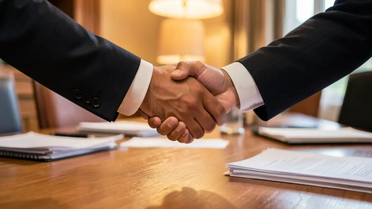 Poignée de main entre deux personnes en tenue formelle au-dessus d'un bureau en bois, avec des documents flous en arrière-plan et un éclairage de bureau chaleureux.