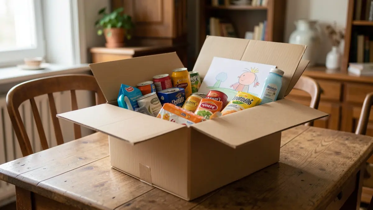 Generic image of a shoebox filled with non-perishable food and hygiene products, with a child's drawing.