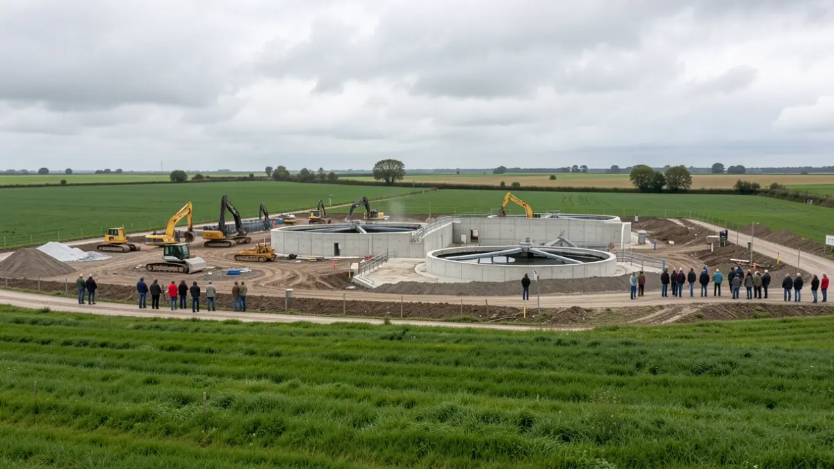 Chantier de construction d'une nouvelle station d'épuration dans la campagne liégeoise.