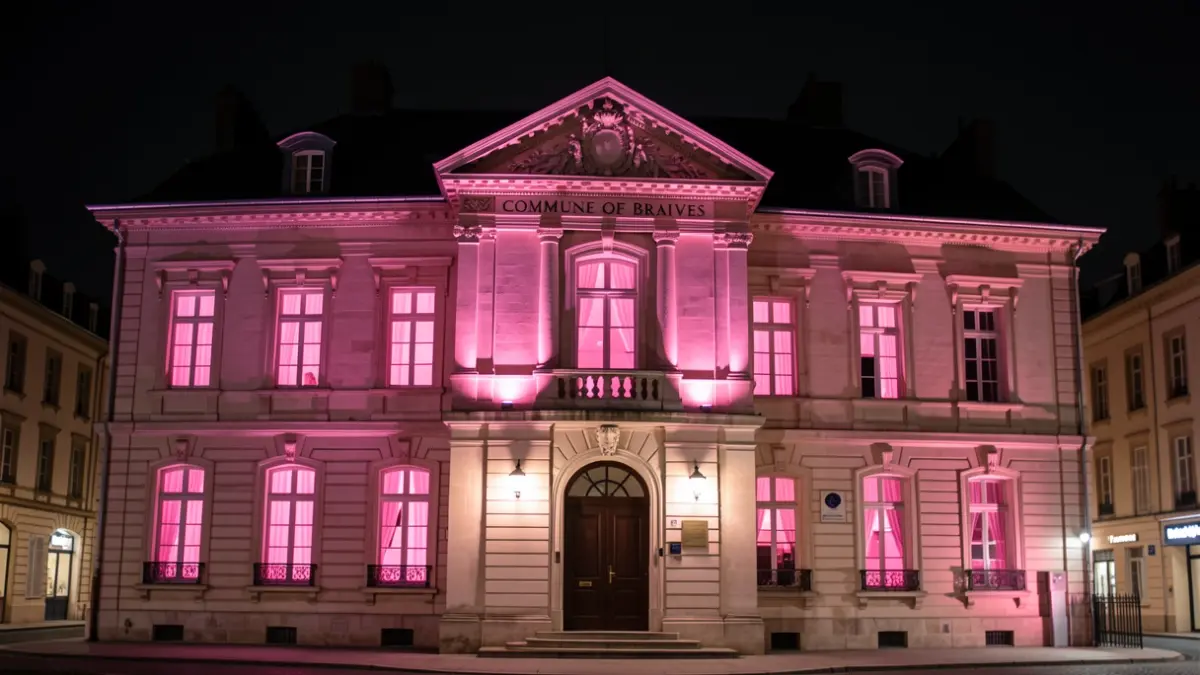 La façade de l'administration communale de Braives illuminée en rose pour le mois de sensibilisation au cancer du sein.
